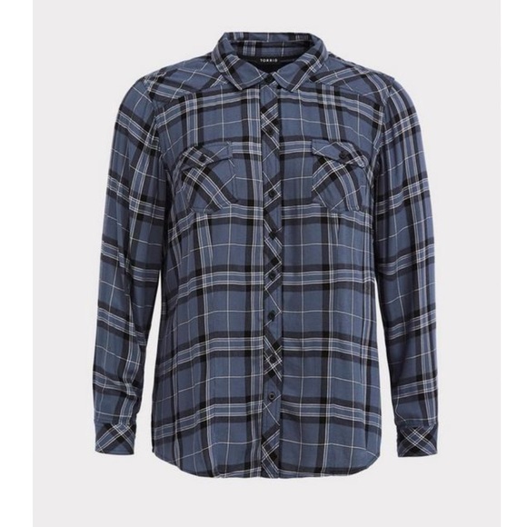 Torrid Blue Plaid Challis Button Down Long Sleeve Twill Camp Shirt Size 1X - Picture 4 of 10